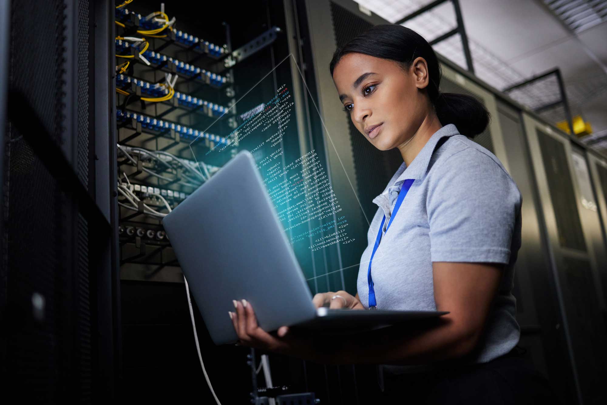 professional woman looking at secure portal on a computer